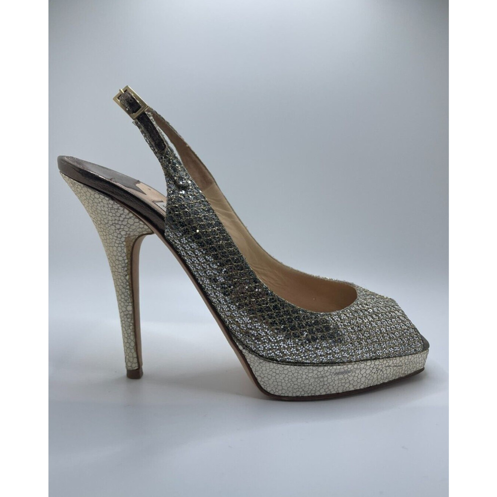 Jimmy Choo 36.5 / 6.5 Heels Peeptoe Nova Glitter Champagne Pumps Slingback + BOX - Picture 4 of 15